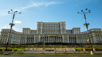 Wide view of the Palace of the Parliament in Bucharest, Romania