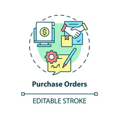 Purchase orders concept icon. Request, approval. Examples of automation in business abstract idea thin line illustration. Isolated outline drawing. Editable stroke. Arial, Myriad Pro-Bold fonts used