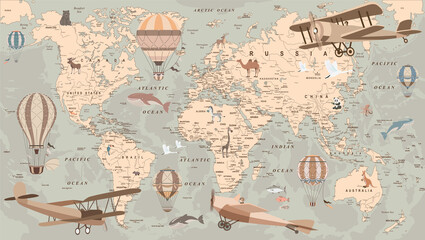 childrens retro world map with balloons and animals Wallpaper Background - obrazy, fototapety, plakaty