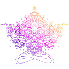 Asian magic woman with sacred geometry and fire. Vector Illustration. Mysterious Thai goddess over mystic symbols and flames. Asian culture inspired art. Pink over white