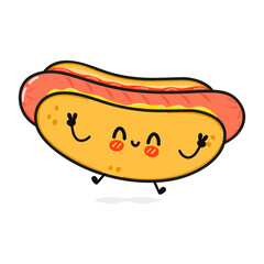Cute funny hot dog character. Vector hand drawn cartoon kawaii character illustration icon. Isolated on white background. Hot dog character concept