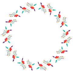 Floral round frame. Style of traditional Mexican embroidery Otomi.