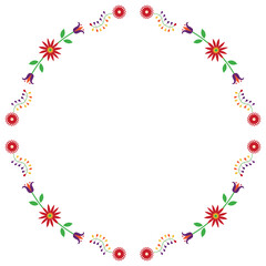 Fototapeta na wymiar Floral round frame. Style of Mexican embroidery Otomi.