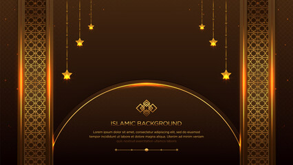Dark and Golden Luxury Islamic Ornamental Background Islamic Border and Decorative Hanging Stars Ornament with Arabic Pattern and Decorative Ornament Cricle Arch Frame