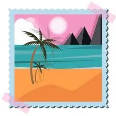 Frame. Summer landscape with palm tree, sea and mountains, vector illustration, vacation