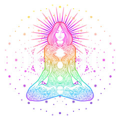 Chakra concept. Girl sitting in lotus position over colorful ornate mandala. Vector ornate decorative illustration isolated on white. Buddhism esoteric motifs. Tattoo, spiritual yoga.