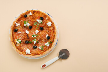 homemade pizza with tomatoes, olives and young cheese.