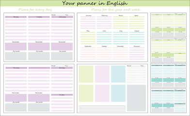 Color daily planner in English for the whole year. Wall calendar