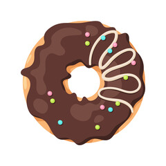 Colorful chocolate glazed donut isolated on white background. View from above. Vector illustration in cartoon flat style