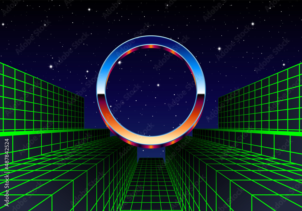 Aufkleber synthwave frame with chrome circle and 80s styled synthwave arcade game landscape.