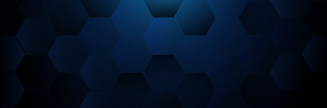 Abstract dark blue hexagon geometric pattern background. Modern simple hexagonal shape elements. Medical and science technology design concept. Suit for presentation, poster, flyer, cover, banner © MooJook