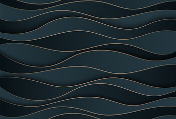 Luxury paper cut abstract background with shadow decoration. Modern elegant gradient wave pattern creative design with golden lines. Trendy simple dynamic dark blue gradient fluid texture element