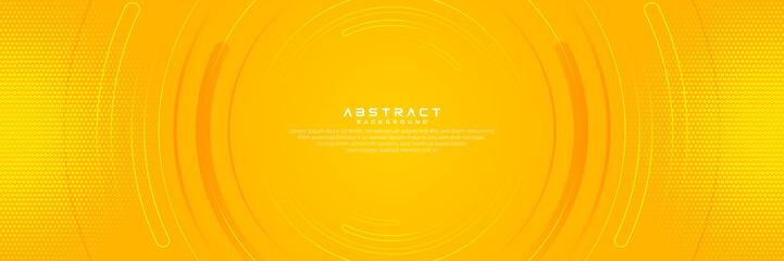 Minimal abstract circle design with bright halftone dots decoration. Modern simple future geometric pattern element. Trendy yellow gradient vector template with curve line object. Vector illustration