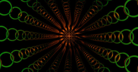 Render with a tunnel of green rings and a bright orange glow in the center