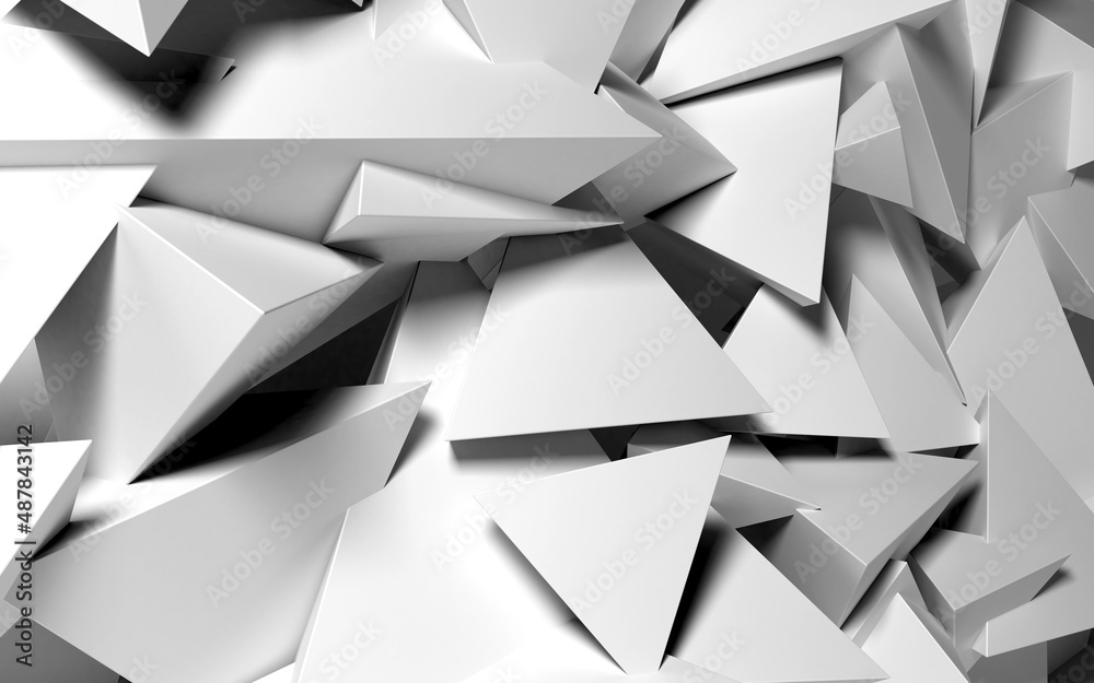 Poster Abstract background with white 3D shapes flying in the light as a messy array or chaotic structure for any pastel backdrop. 3D illustration