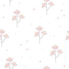 Seamless pattern with pink field flower ​on white background in cartoon style for fabric textile, print, wallpaper, apparel
