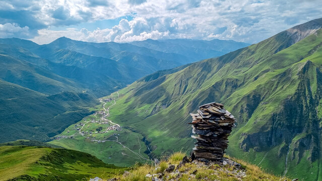 Aerial view on the mountain village Ushguli, near the Shkhara Glacier in the Greater Caucasus Mountain Range in Georgia, Svaneti Region.Chubedishi viewpoint.Patara Enguri River.Svaneti watch towers