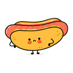 Cute sad hot dog character. Vector hand drawn cartoon kawaii character illustration icon. Isolated on white background. Hot dog character concept