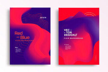 Liquid poster design in duotone gradients. Cover design with red and blue fluid color shapes composition. Futuristic design for flyer.
