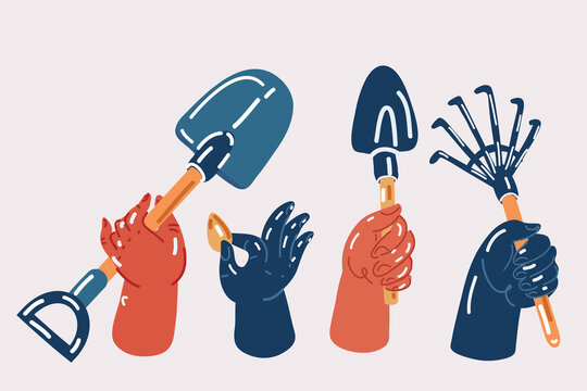 Vector illustration of Set of garden tools and gardening items in human hand rised up. Sovel, rake, seed, throwel