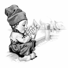 Letter from you, Little Dutch Child reading. Black and White hand drawn illustration.