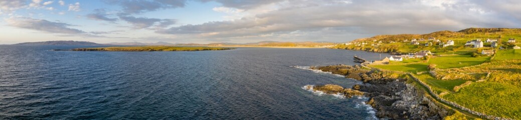 Aerial view of Portnoo harbour and Inishkeel Island in County Donegal, Ireland