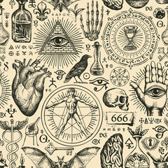 Abstract hand-drawn seamless pattern on the theme of occultism, satanism and witchcraft in vintage style. Monochrome vector background with black ominous sketches on an old paper backdrop - obrazy, fototapety, plakaty