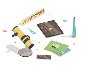 Isometric astronomy education concept with smartphone, telescope, rocket on white background