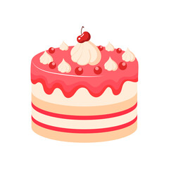 Festive Cherry Cake with Berries and Marshmallows. Festive Sweet Dessert or Pastries. Vector Illustration