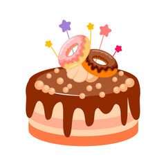 Festive Chocolate Cake with Donuts, Marshmallows and Chocolate Balls. Festive Sweet Dessert or Pastries. Vector Illustration