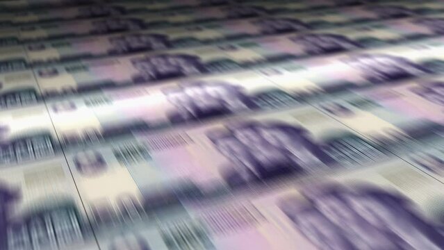 North Korea Won money sheet printing. KPW banknotes loop print. Seamless and looped background concept of finance, economy crisis, inflation and business.