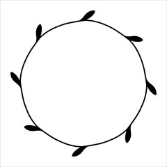 Vector hand drawn spring wreath isolated on white background. Silhouette circle of leaves. Doodle style. Floral frame.