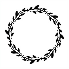 Vector hand drawn spring wreath isolated on white background. Silhouette circle of leaves. Doodle style. Floral frame.