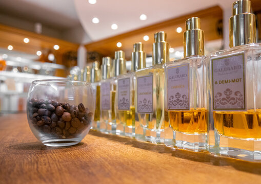 GRASSE, FRANCE - SEPTEMBER 4, 2019: Some perfume bottle with coffee beans at Parfumerie Galimard
