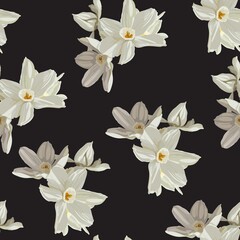 Retro flower seamless pattern - daffodils. Spring flowers narcissus. Black background. 