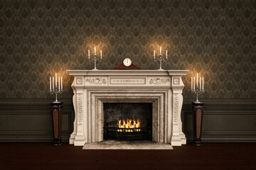 Vintage Victorian fireplace with carriage clock and candles on the mantlepiece and fire buring in the grate. 3D illustration. - obrazy, fototapety, plakaty