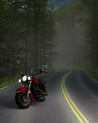 Obraz na płótnie Canvas Portrait format view of a motorcycle parked on an empty road in the forest. 3D illustration.