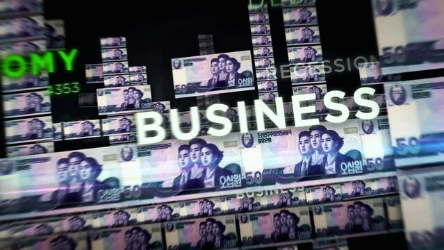 North Korea Won money loop 3d animation. Camera flying between KPW banknotes. Finance, economy, crisis, business success, recession, debt and tax seamless looped concept.