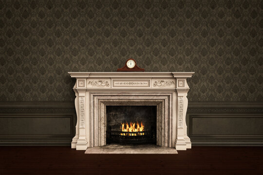 Vintage old fashioned fireplace with carriage clock on the mantelpiece. 3D rendering.
