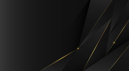 Abstract dark overlap triangle shapes background with golden lines and shadow decoration. Luxury and elegant geometric shapes design. Suit for cover, poster, brochure, banner, website