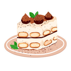 Vector illustration of  tasty tiramisu on plate