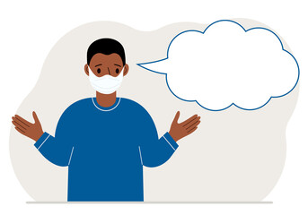 Man with medical mask and blank thoughts, speech bubble. Hands are spread apart. Place for your text.
