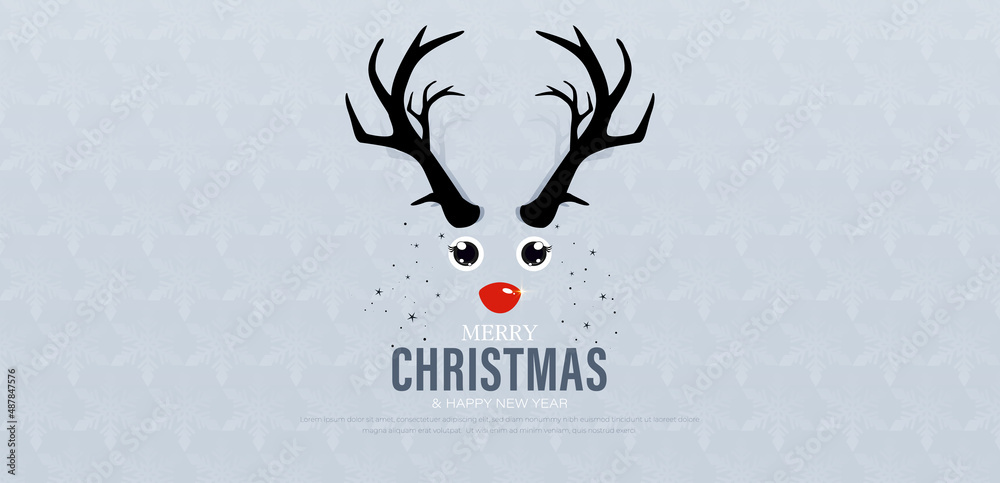 Wall mural Cute merry christmas vector background with red nose reindeer..Minimalistic reindeer symbol creative design. Christmas and happy new year holiday concept. Suit for card, poster, brochure, banner - Wall murals