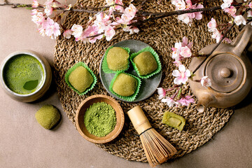 Asian rice dessert sweet green matcha mochi