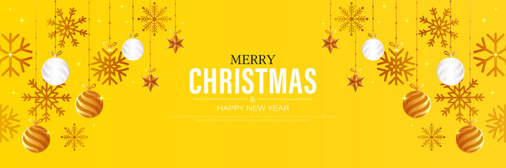 Christmas and Happy new year vector background. Bright yellow horizontal banner creative design with snowflake decoration, stars, gold balls hanging on ribbon. Suit for poster, cover, banner, card