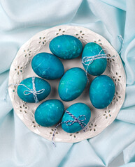 Coloring Easter eggs. Easter decor, top view.