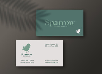 Naklejka na ściany i meble Sparrow Bird Modern Logo and Square Business Cards Template Realistic Vector Stationary Mockups Scene with Shadow Overlay Top View Background Decorative Layout
