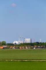 Cityscape of village and nuclear power plant Borssele in Zeeland in The Netherlands