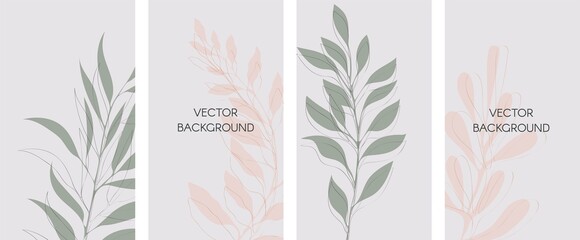 Set of vector abstract backgrounds with branches and leaves and copy space for text. Design for social media, story, card, invitation, feed post. Doodle style.
