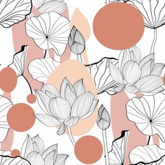 Line exotic lotus flowers illustration pattern. Contemporary floral seamless pattern. Fashionable template for design. Abstract floral pattern. - 487848570